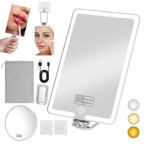 Travel Mirror with Light, Portable Makeup Mirror with Folding Handle, 20x Magnification Mirror&Tweezer Combo kit, Vanity Tabletop/Handheld/Hanging Lighted Mirror with 3 Color Lights, Travel Essentials