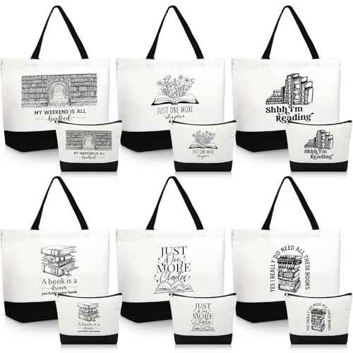 12 Pcs Book Club Gifts Book Tote Bag for Book Lovers Reading Quote Tote Bag Makeup Bag Reusable Cosmetic Bag with Metal Zipper Bookish Librarian Gifts for Women