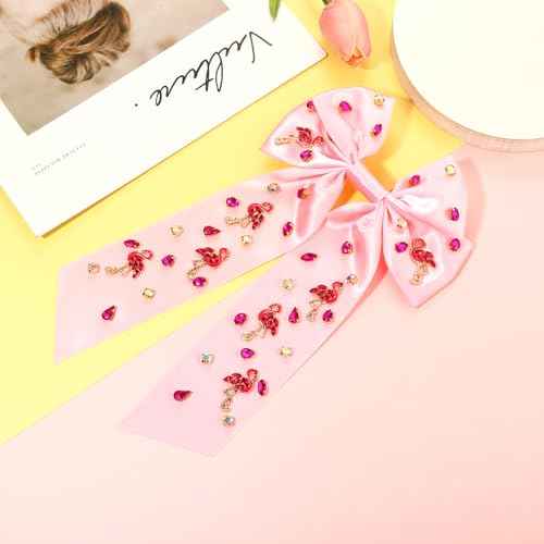Flamingo Hair Bows for Women Tropical Flamingo Hair Clips Crystal Jeweled Big Pink Bows Satin Hair Ribbon Barrettes Boho Hawaiian Summer Beach Accessories Costume Outfits Party Favors (Pattern A1)