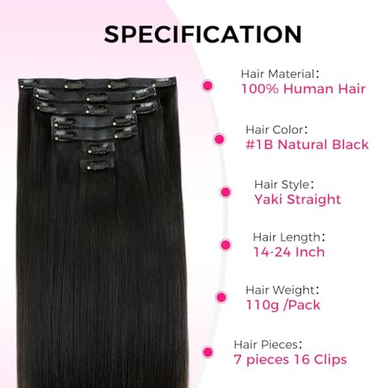 Lashey Invisi Edge Clip in Hair Extensions 16 Inch 110g 7pcs Injected Seamless PU Clip in Hair Extensions Virgin Human Hair, Natural Black Yaki Straight Hair