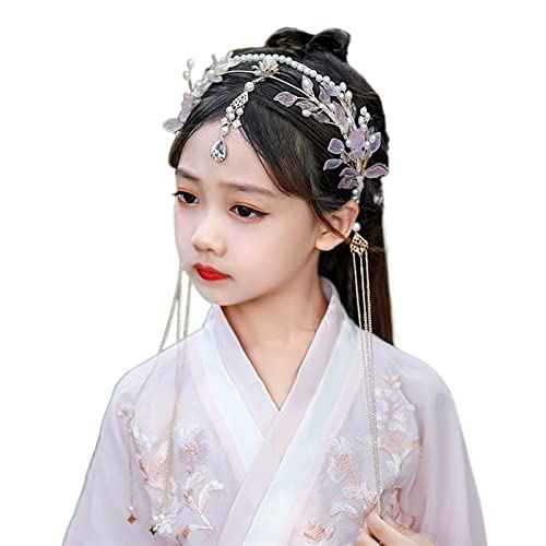 Long Tassel Headbands Hairband Simulated Pearl Leaf Tiaras and Crowns Hanfu Forehead Jewelry for Women Girls Hair Accessories (Metal Color : Style 1)
