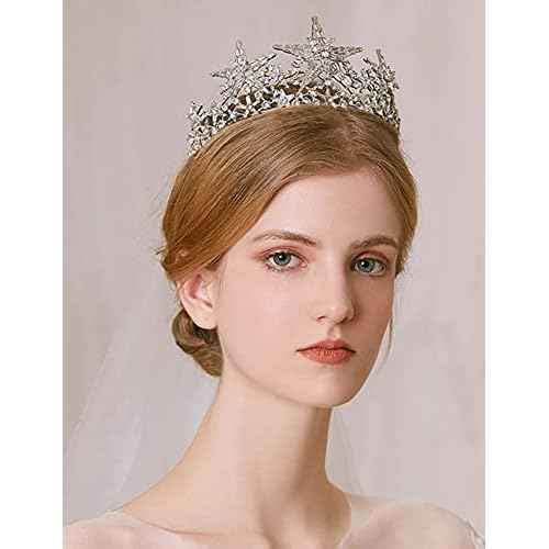 JWICOS Silver Shining Star Princess Tiara Crown for Women and Brides Bridal Hair Accessories for Engagement Wedding Prom Pageant
