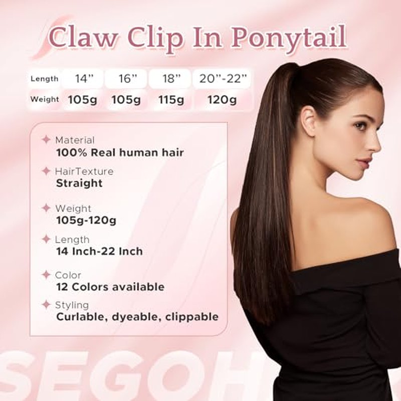 Human Hair Claw Clip Ponytail Extension 100% Real Human Hair Clip-In Extensions for Women Long Straight Pony Tails 18 Inches 115g #02 Dark Brown