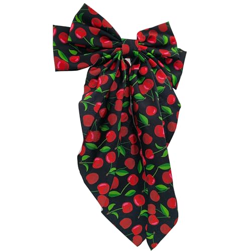 Cherry Hair Bow Clip for Women Red Cherry Large Bowknot Hairpins Long Ribbon Ponytail Holder Cute Fruit Barrettes Decoration Accessories (Black)