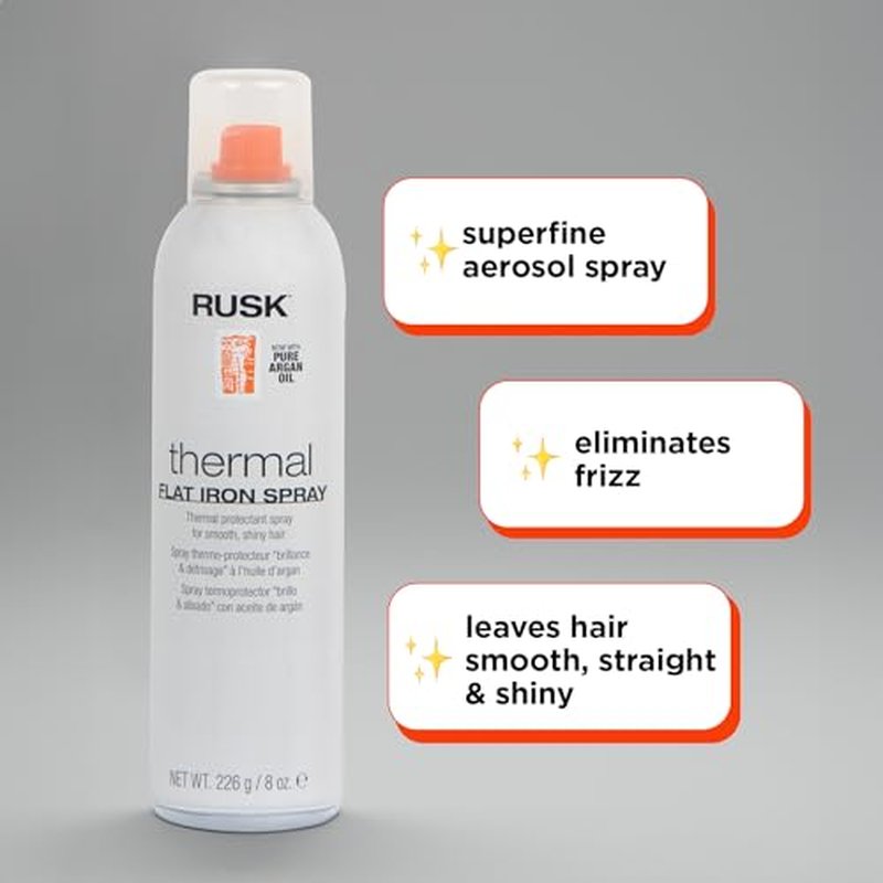RUSK Designer Collection Thermal Flat Iron Spray with Argan Oil, Micro-Fine Spray, Eliminates Frizz, Leaves Hair Smooth and Sleek, 8 fl. oz