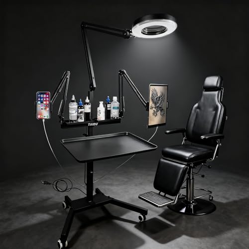 Tattoo Workstation Multi-Function Console, Tattoo lamp, Double Stand with lamp Tattoo Tray Trolley, Adjustable Height Magnetic Tray