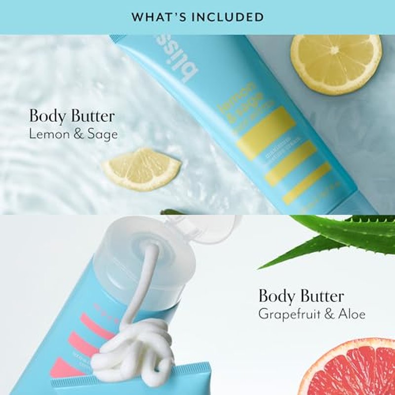 Bliss Body Butters Duo Lemon and Sage Body Butter and Grapefruit and Aloe - Maximum Moisture Cream - 6.7 Fl Oz Lotion for Dry Skin - Long-Lasting Moisturizer- Vegan and Cruelty-Free