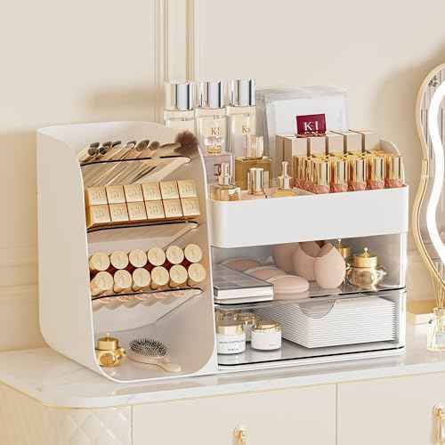Makeup Organizer with Brush Holder for Vanity,Countertop Makeup Organizer with Drawers,Spacious Cosmetic Display Case,Perfect Storage Solution for Your Beauty Essential