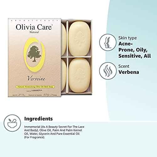 Olivia Care Bath & Body Bar Verbena Soap 4 Pack Gift Box Organic, Vegan & Natural Contains Olive Oil Repairs, Hydrates, Moisturizes & Deep Cleans Good for Sensitive Dry Skin Made in USA