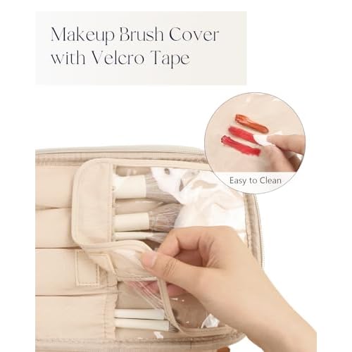 Prite Makeup Bag Portable Cosmetic Organizer with Brush Holder Waterproof Travel Toiletry Bag for Women with Handle and Divider (Black)