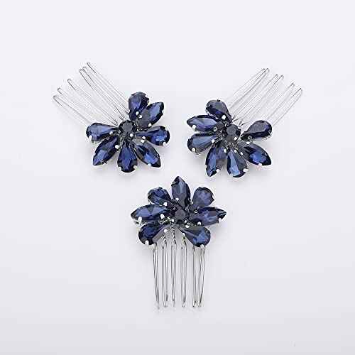 Teyglen Simple Rhinestones Crystal Bride Wedding Hair Comb Set Handmade Red Blue Black Crystal Side Hair Combs Bridal Hair Jewelry Set for Women Bride Girls (Dark Blue)