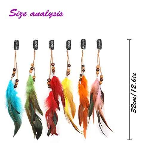 Boho Feather Hair Clips Hippie Hair Extensions 6 Pcs Indian Tribal Bead Gypsy Colorful Handmade Feather Tassel Headpiece Festival Cosplay DIY Present for Girl Women Hair Accessories