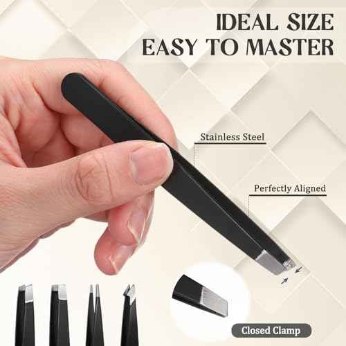 Lasnten 12 Sets Eyebrow Tweezers Set and Curved Scissors, 4 in 1 Professional Stainless Steel Tweezers for Women and Men, Splinter and Ingrown Hair Removal with Travel Case(Beige)