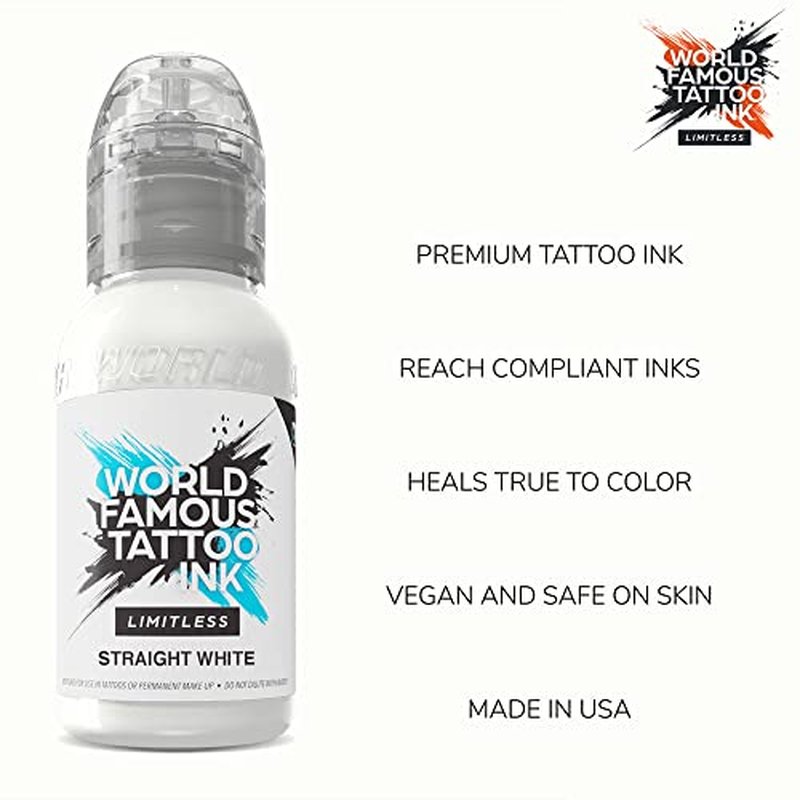 World Famous Tattoo Ink Limitless - Straight White - Professional Tattoo Ink & Tattoo Supplies - Skin-Safe Permanent Tattooing in Bold Shades - Vegan & Non-Toxic (8 oz)