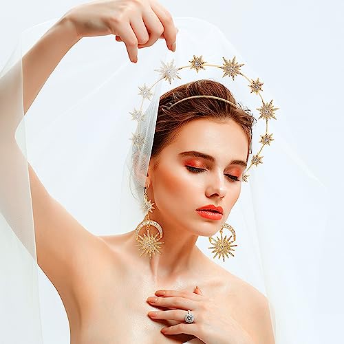 M&C Music Color Halo Crown Moon Stars Goddess Crown Halo Headband Crown Celestial Headband Tiaras Crowns for Women Wedding Bridal Prom Tiara with Star Earrings Dangle Gold