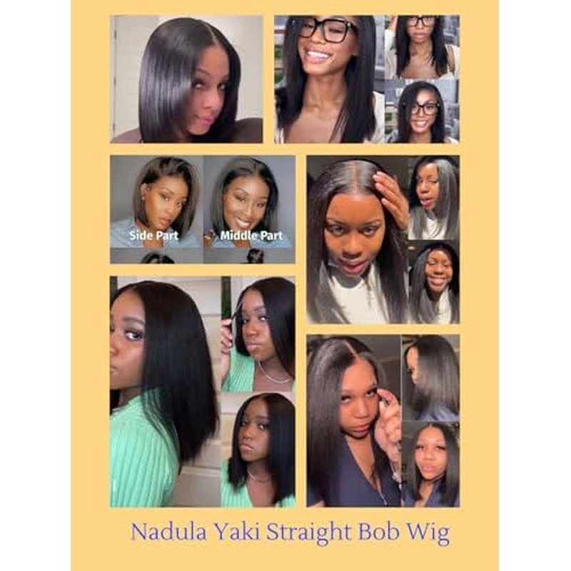 Nadula 8inch Yaki Straight Bob Drawstring Wig Human Hair Glueless Pre Cut 7x5 HD Bye Bye Knots Lace Front Wig Pre Plucked Invisible Knots Ready to Wear Short Light Yaki Bob Wigs 150% Density