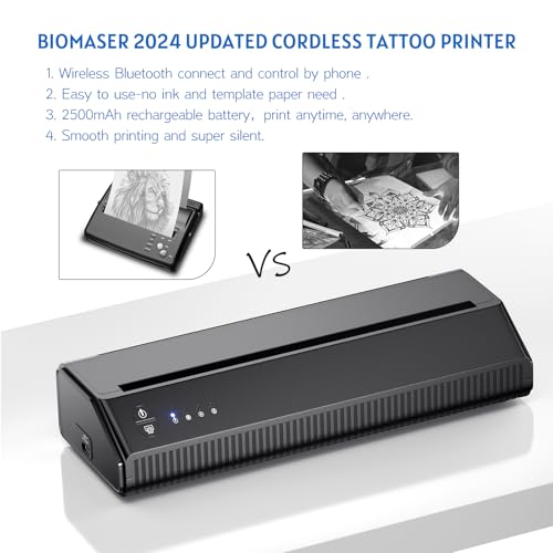 BIOMASER Tattoo Printer Wireless Tattoo Stencil Printer for Tattooing Tattoo Transfer Stencil Machine with 10pcs Transfer Paper, for Artists, Thermal Copier Compatible with Smartphone and Tablet