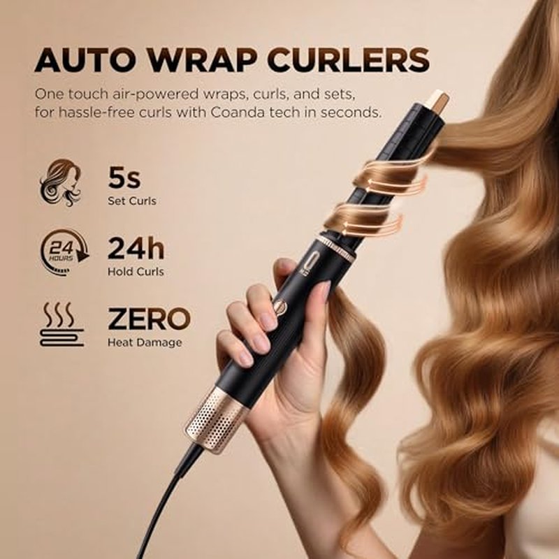 O.H.B 5 in 1 Air Wrap Hair Styler - High-Speed Hair Dryer Brush, Hot Air Styler with Fast Drying, No Heat Damage & Ionic Multi-Styler Dryer Brush for Volumize, Curl, Straighten, Frizz-Free, Black Gold