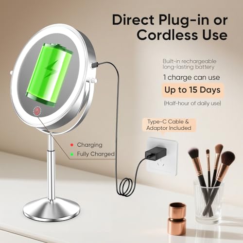 Large 9¡± Lighted Makeup Mirror ? Height Adjustable & Rechargeable, Double-Sided 1x/10x Magnifying Vanity Mirror with 88 High-CRI LEDs, 3 Color Modes, Dimmable Brightness, 360¡Æ Swivel, Dual-Power