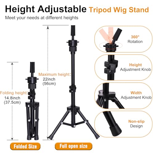 PWEOUKE 22 Inch Canvas Wig Head with Stand for Wigs ,14-22 Inch Height Adjustable Wig Stand Tripod with Canvas Block Wig Head,Manikin Head Block Set for Cosmetology with Wig Stand and Storage Bag