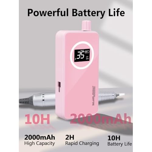 Nail Drill, Portable Electric Nail File 50000RPM, Rechargeable Nail Drill Professional with Bits for Acrylic Gel Nails, E-File Machine Manicure Polishing for Salon Home,Pink