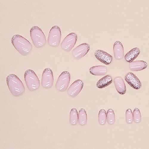 Short Almond False Nails French Press on Nails Bling Fake Nails Acrylic Glossy Cute Nails Tips for Women and Girls 24PCS