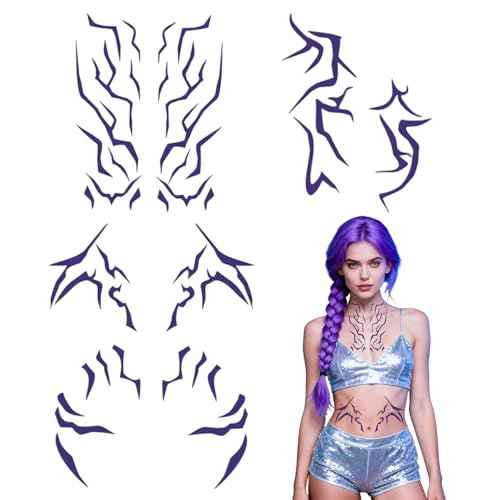 Purple Temporary Patterns Tattoo - Anime-Inspired Temporary Tattoo Stickers Waterproof | Heat Transfer | Easy Apply & Remove, High-Detail Cosplay Body Art for Halloween, Conventions, Party Makeup