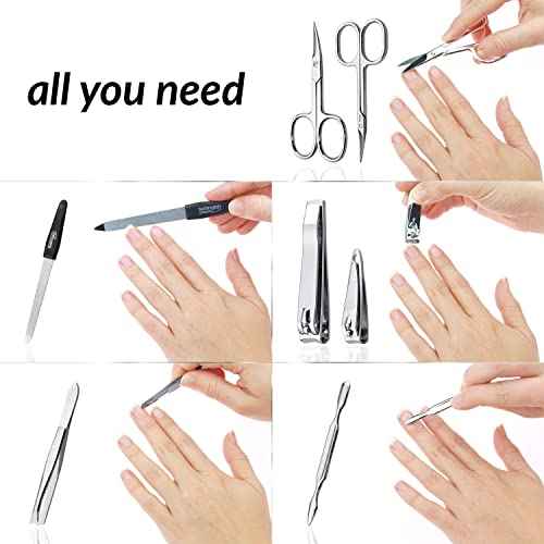 Manicure Set Solingen Made in Germany - 7 Piece Exclusive Finger & Toe Nail Clippers Kit for Women and Men in Real Leather Case, Color Blue