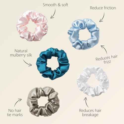ZIMASILK 100% Mulberry Silk Hair Scrunchies, Best For Women And Girls¡¯Hair, Elastic Hair Bands For Ponytail Holder Gentle And No Hurt (5 Pack, Light Blue, Pink, White, Taupe, Peacock Blue)