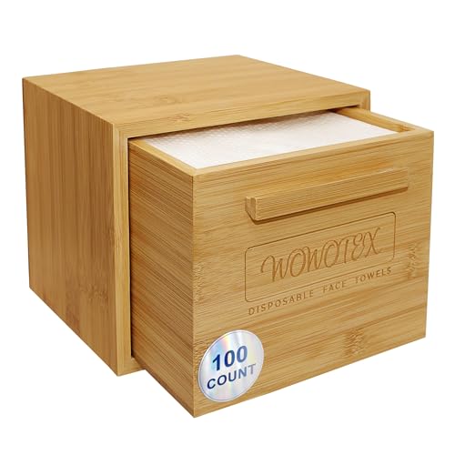 Luxe Bamboo Towel Container (Bamboo Box Towel Holder) with Disposable Face Towels Biodegradable Large Dry Wipes 100 Count Extra Thick Soft Clean Facial Towels for Facial Cleansing