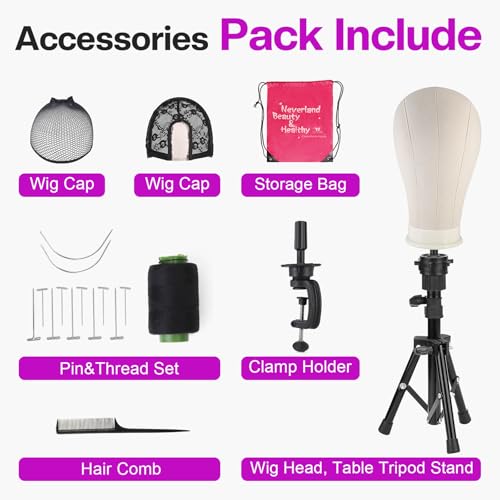 23 Inch Wig Head,Wig Stand Tripod with Head,Canvas Wig Head Stand with Mannequin Head for Wigs,Manikin Head Block Set for Wigs Making Display with Wig caps,T Pins Set,Bristle Brush