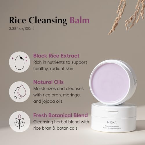 MIDHA RICE CLEANSING BALM, 3.38fl.oz/100ml, Deep cleansing, Moisturising, Gentle makeup remover, Balm to oil formula, daily facial wash, Non-irritating cleanser, Blackhead cleansing, Hydrating, Vegan