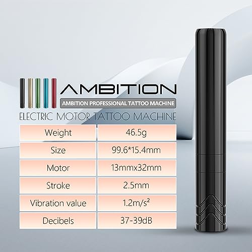 Ambition Rotary Tattoo Machine with 2.5mm Stroke Coreless Motor Slim Short Permanent Makeup Tattoo Gun Professional Cartridge Pen with RCA Cord for Eyebrow Eyeliner Lips SMP