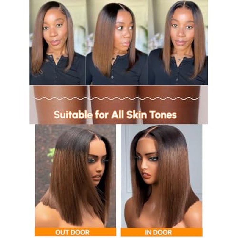 Julia Hair 10 Inch Light Yaki Bob Wigs Human Hair Glueless Bye Bye Knots 7x5 HD Pre Cut Lace Wig Chestnut Brown Ombre Human Hair Lace Closure Pre Plucked Bleached Invisible Knots Natural Hairline