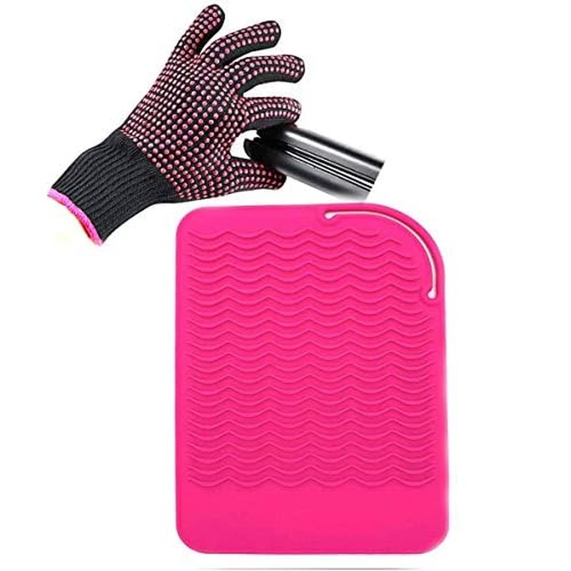 Heat Resistant Glove with Heat Resistant Mat for Curling Iron, Hair Straightener, Flat Irons, Silicone Bump Glove, 9¡± x 6.5¡± Food Grade Silicone Mat, Pink