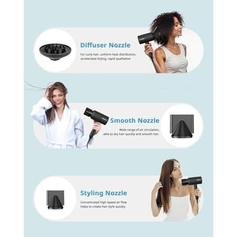 SHRATE Lightweight Ionic Hair Dryer with Diffuser - Powerful 1800W Blow Dryer for Fast Drying - Professional Low Noise Mini Hair Dryer for Travel, Gifts, Hair Styling (Black)
