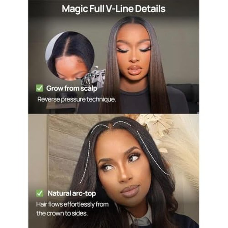 Nadula Balayage Ombre V Part Yaki Wavy Drawstring Wigs Human Hair No Leave Out Upgrade U Part Wig,Glueless Highlight V-part Wavy Wig with Flip Out Bangs Ready to Go Vpart Wig 150% Density 16inch
