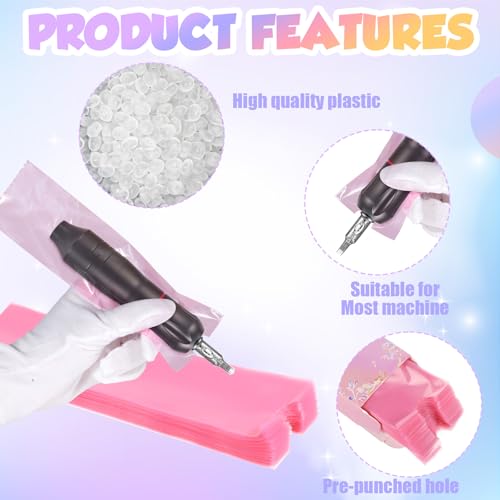 200 Pcs Large Tattoo Machine Pen Covers, 2 x 7.1 inches Pink Plastic Pens Type Bag Disposable Pen Machine Bags for Most Wireless T Tattoo Professional Artist Pens Machines Supplies