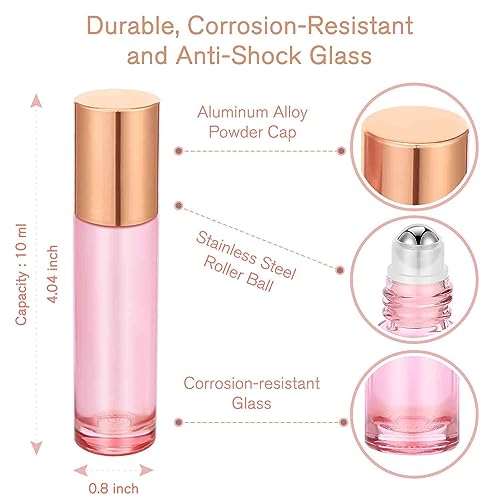 PrettyCare 60 Pack, 10 ml Essential Oil Roller Bottles with Stainless Steel Roller Ball - Bulk Refillable Leak-proof Empty Thick Pink Glass Roll on Bottles with Metal Caps for Travel, Perfume
