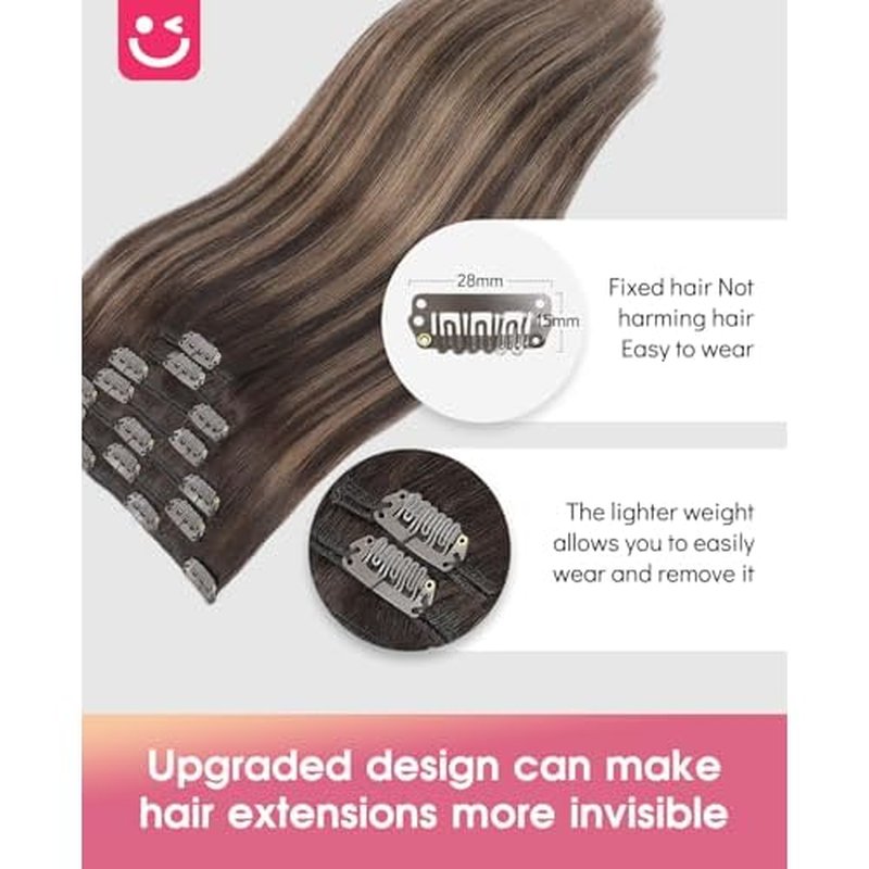 Youngsmile Clip in Hair Extensions Real Human Hair, Human Hair Clip in Extensions, Silky Straight Double Weft, 18 Inch 120 Gram 7 Pcs,Balayage Dark Brown to Chestnut Brown (CLIP#2/6/2-18Inch)