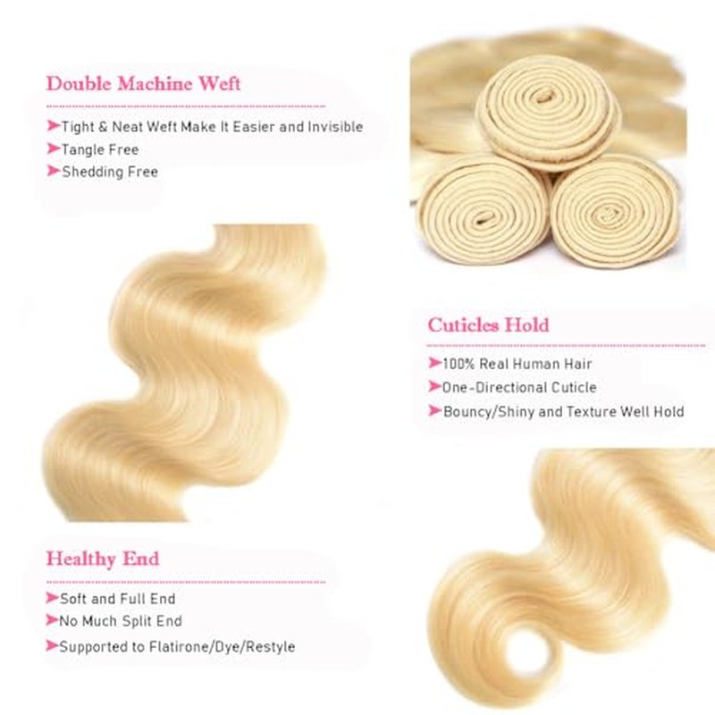 613 Bundles Blonde Bundles Human Hair 16 Inch 613 Body Wave bundles 100% Unprocessed 12A Grade Brazilian Virgin Hair Bundles 1 Bundle Human Hair 613 Blonde Bundle Hair Extensions for Women