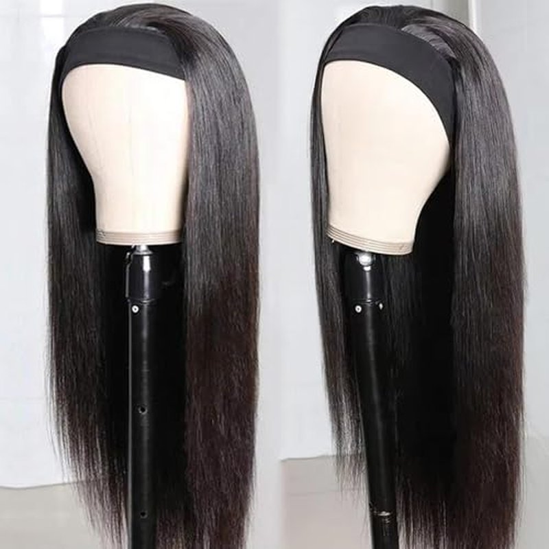 Headband Wig Human Hair Straight 24 Inch None Lace Front Wig Human Hair Glueless Wigs Brazilian Virgin Hair Headband Half Wigs for Black Women 150% Density Natural Color