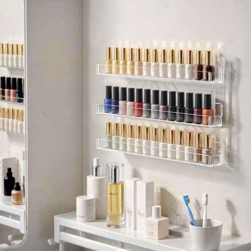 NIUBEE 24 Inches Nail Polish Rack Wall Mounted Shelf with Removable Anti-Slip End Inserts, Clear Acrylic Nail Polish Organizer Display 150 Bottles