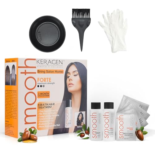 Keragen Brazilian Keratin Hair Smoothing Treatment - Express Home Blowout Kit - Straightens & Smooths Frizz - With 2 Oz Forte Treatment, Clarifying Shampoo & Aftercare Samples