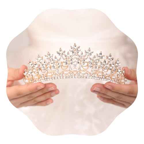 JWICOS Gold Crystal Pearl Tiara Crown for Women Princess Rhinestone Crown Headband for Brides Bridal Wedding Hair Accessories for Brides and Bridesmaid (Gold)