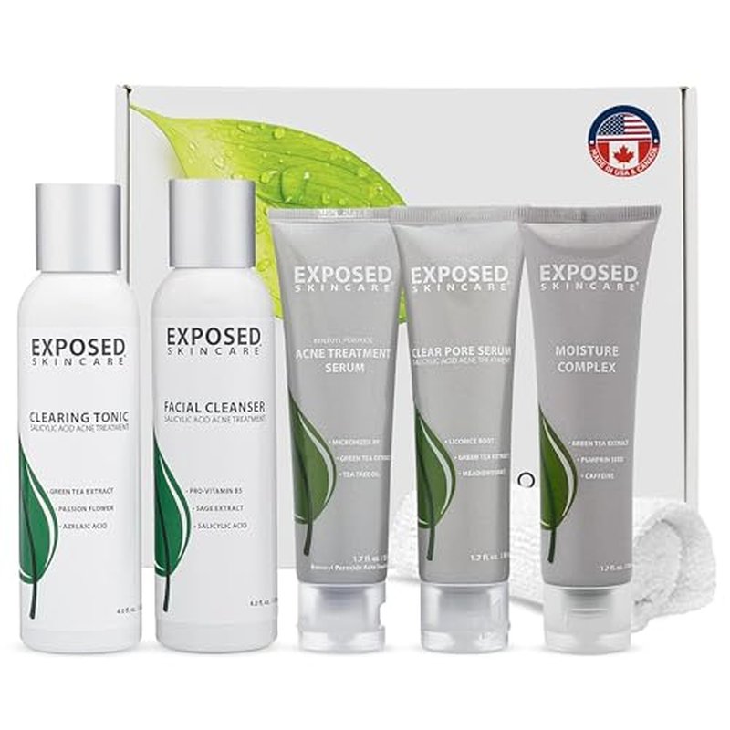 Exposed Skin Care, Expanded Acne Treatment Kit with 2.5% Salicylic Acid and 3.5% Benzoyl Peroxide to Clear Up Teen, Adult, Hormonal and Cystic Acne ? Natural, Non-toxic and Cruelty Free