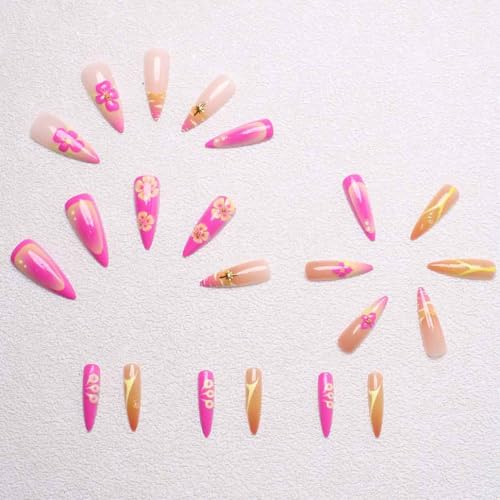 Long Press on Nails Almond Fake Nails White French Tip False Nails with 3D Flower Design Glue on Nails Acrylic Nails Glossy Full Cover Stick on Nails for Women 24Pcs