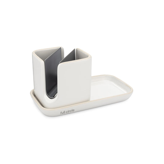 Full Circle Sinkside Ceramic Cleaning Station - Kitchen Sink Caddy & Sponge Holder, Countertop Organizer for Dish Brushes & Scrubbers - Dishwasher Safe, Rustproof, Compact Design, White