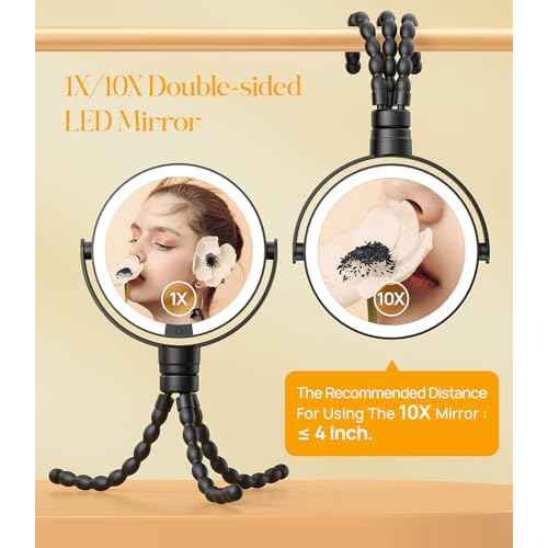 Gospire 5.85¡± Tripod Travel Makeup Mirror with Lights and Magnification 1X/10X, 4 in 1 Winding Hanging Handheld Tabletop, 3 Light Colors and Adjustable Brightness ? Black