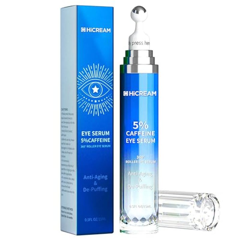 Eye Cream with 5% Caffeine Hyaluronic Acid, Eye Serum with 360¡Æ Roller Massage Ball for Puffy, Fine Lines, Dark Circles and Wrinkles, Under eye Treatment Serum for Women & Men
